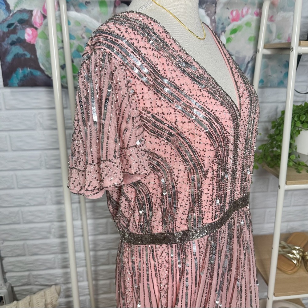 NWT Mac Duggal 5444 Deep V-Neck Rose Pink Sequin Long Gown - Picture 9 of 12